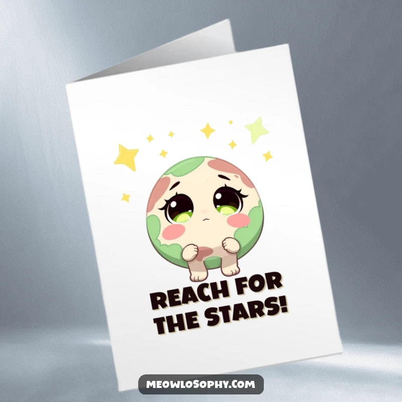 Funny Free Printable Congrats Card: An earth character with sparkling eyes gazes at shooting stars in celebration. Joyful and funny.