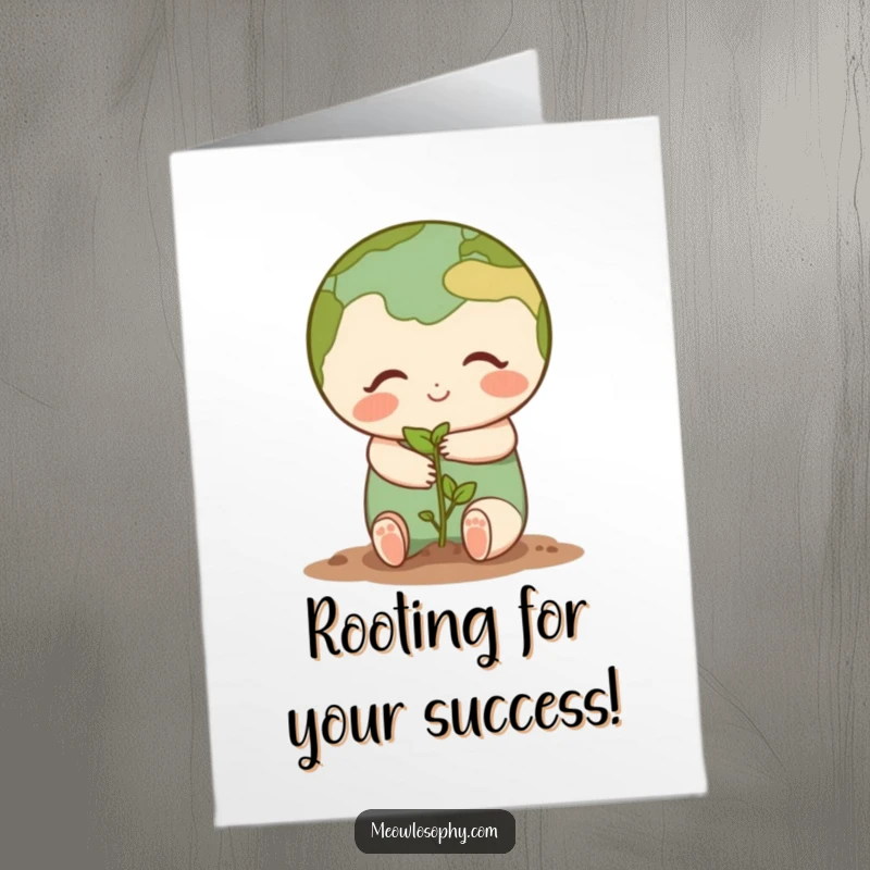 Funny Free Printable Congrats Card: An earth character shares a gentle hug with a tiny seedling. Symbolizing growth and care.