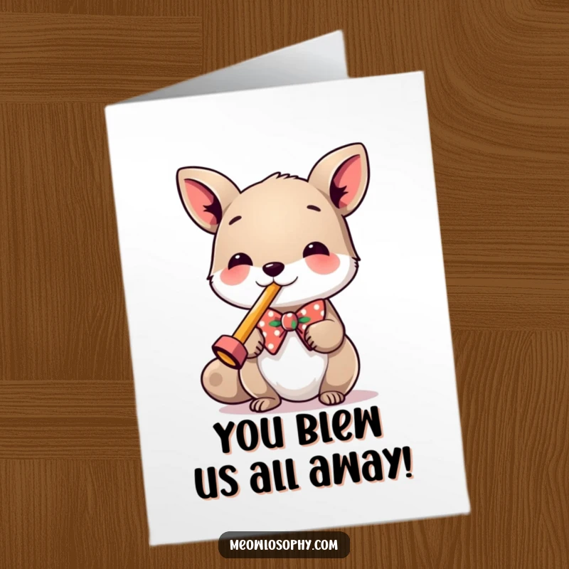 Funny Free Printable Congratulations Card: Dapper animal in a bowtie joyfully playing a kazoo to celebrate.