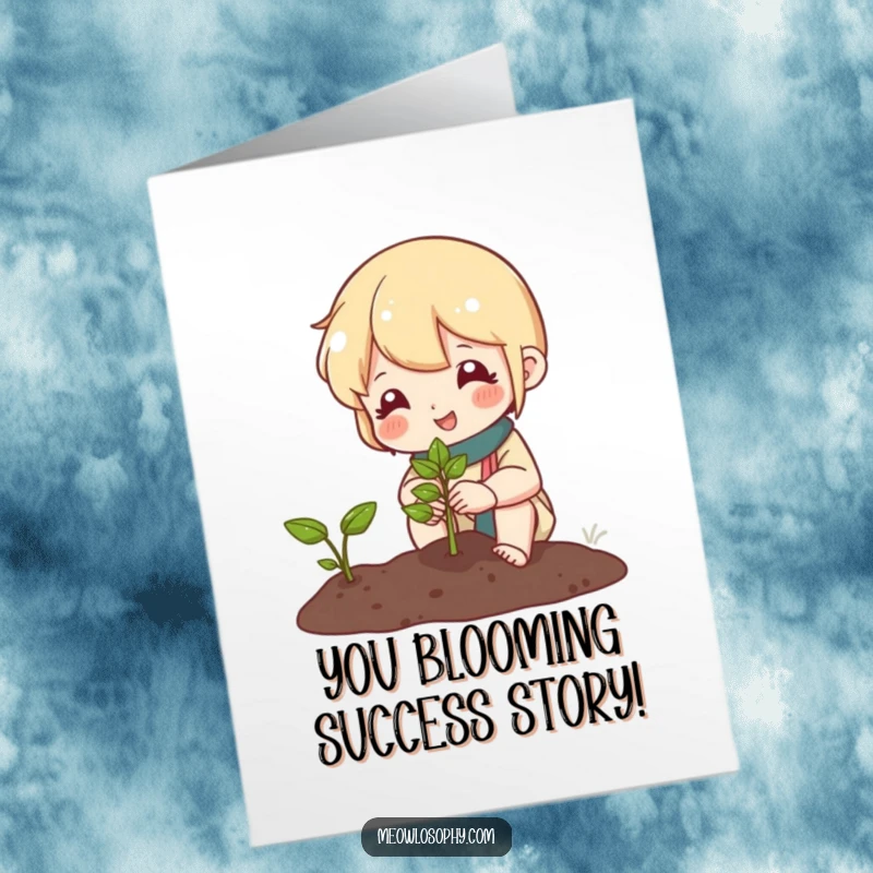 Free Printable Congratulations Card: Cute garden character smiling at a sprouting seed, symbolizing new growth.