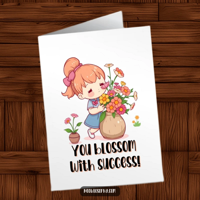Funny Free Printable Congratulations Card: Cute character arranging fresh flowers in a rustic vase, celebrating a new bloom of success.