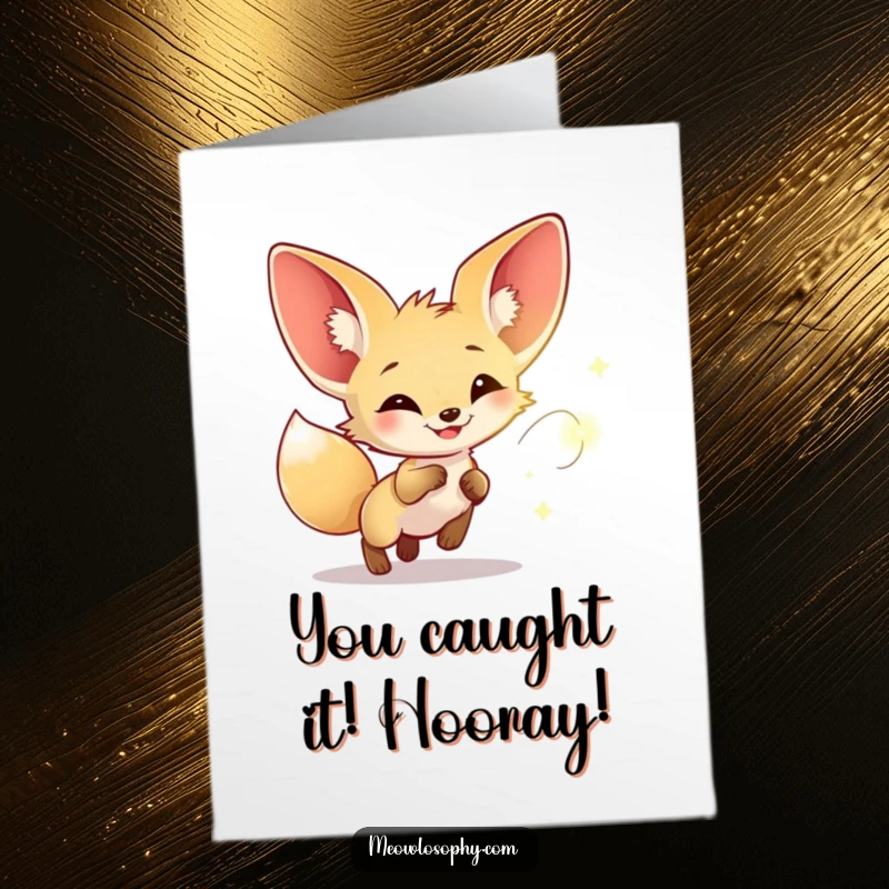 Funny Free Printable Congrats Card: Fennec fox with alert ears happily chasing a luminous firefly.