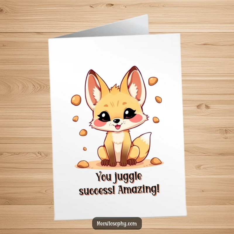Funny Free Printable Congrats Card: Playful Fennec fox with a sly grin juggles desert pebbles skillfully.