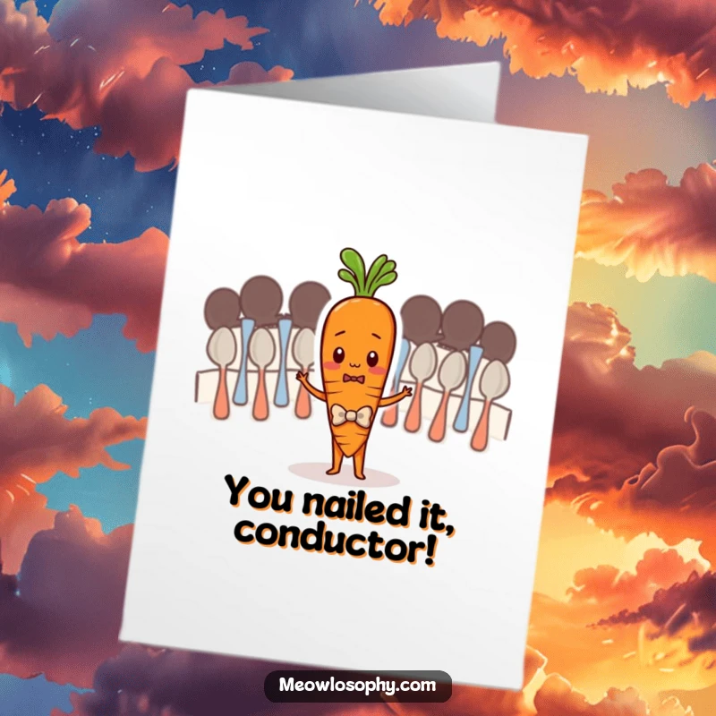 Funny Free Printable Congrats Card: A shy carrot with a bowtie attempts to lead a spoon orchestra, celebrating their big win.