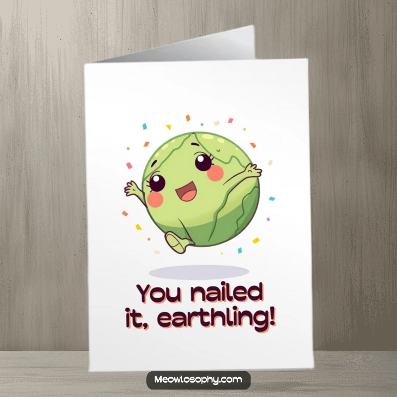 Funny Free Printable Congrats Card: A joyful earth character performs a cartwheel amidst a burst of confetti. Celebratory and humorous.