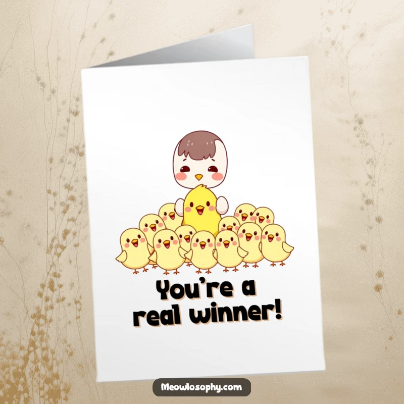 Cute Free Printable Congrats Card: Kawaii character lovingly feeding plump, cheerful birds to celebrate an achievement downloadable.
