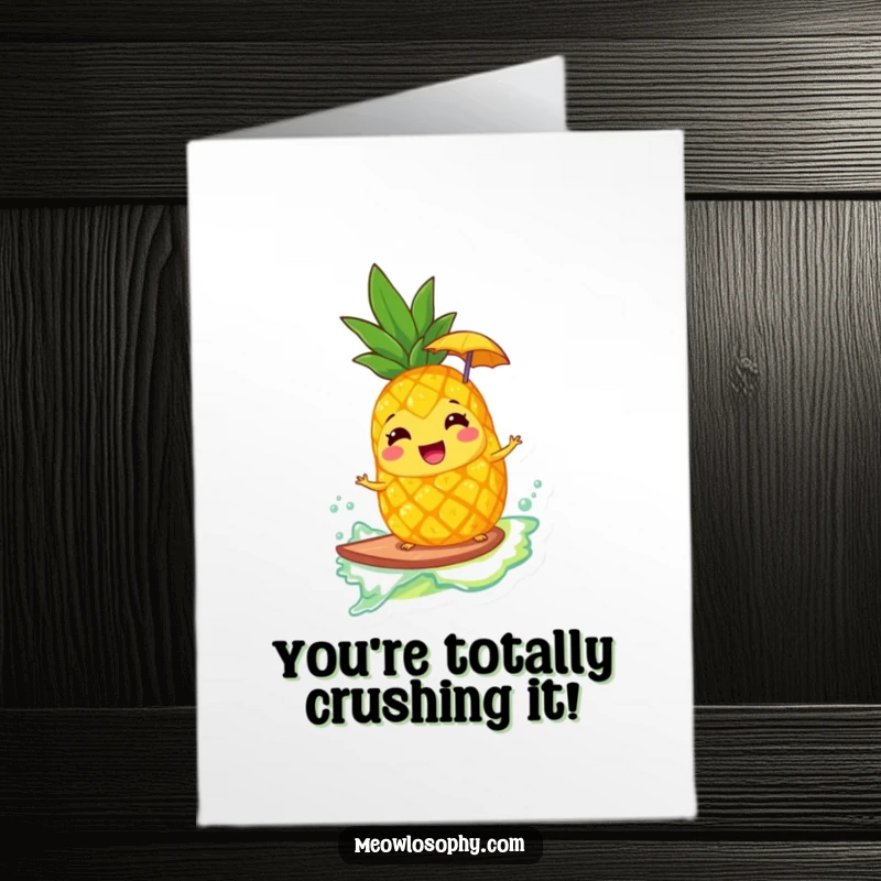 Funny Free Printable Congrats Card: A giggling pineapple with an umbrella catches a lemonade wave, celebrating success.