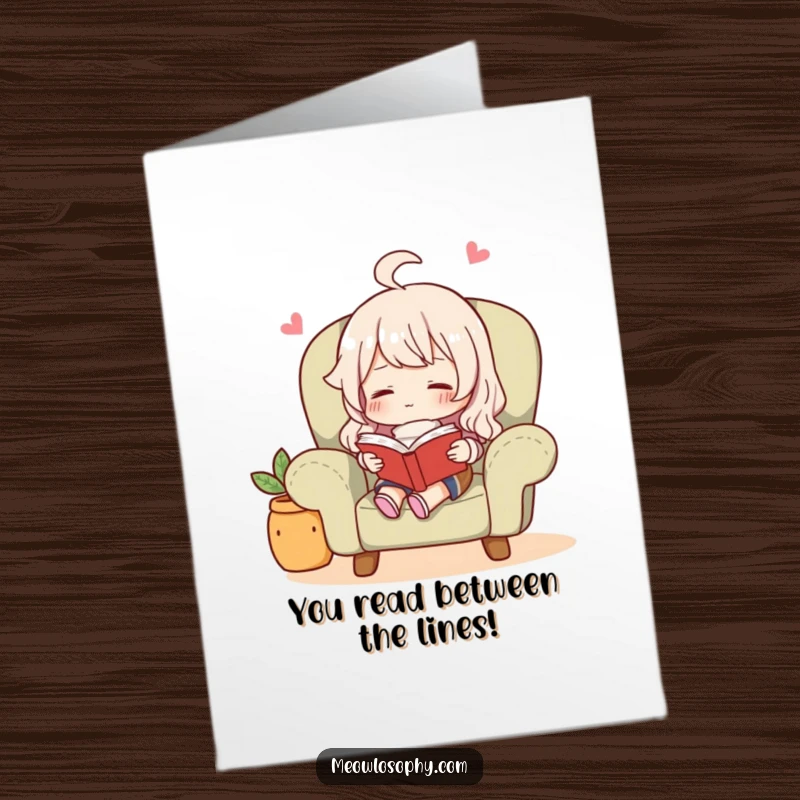 Funny Free Printable Congratulations Card: Content character reading a book in a cozy armchair, celebrating a milestone achievement.