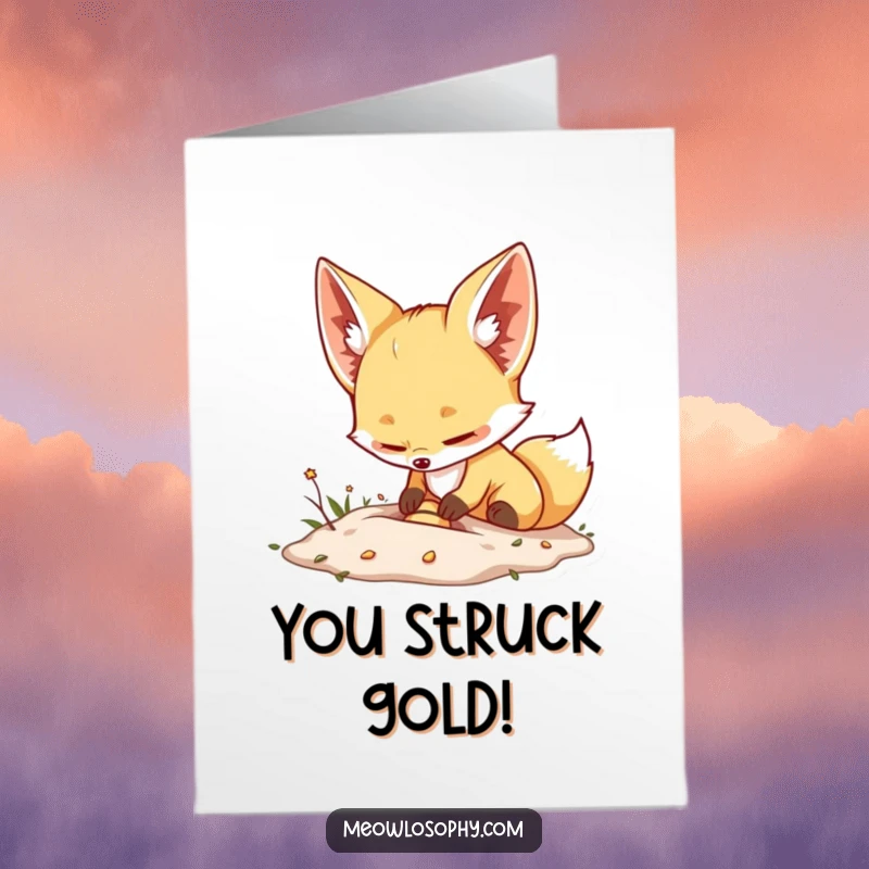 Funny Free Printable Fennec Fox Congrats Card: Adorable fox gleefully burying a tiny treasure, full of excitement. DIY downloadable art.