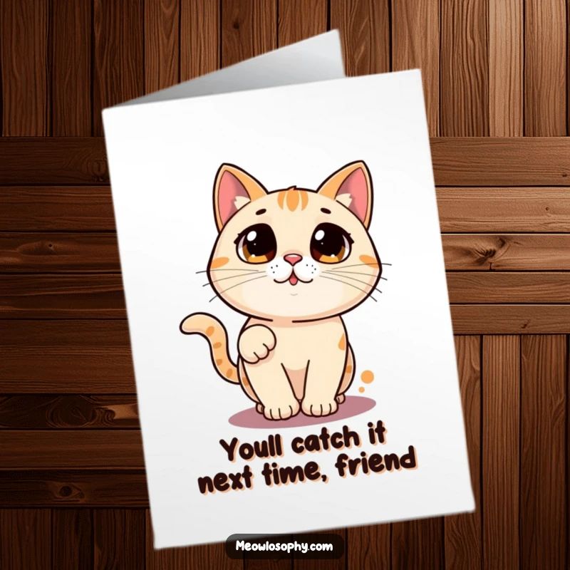 Funny Free Printable Laser Cat Congratulations Card: A cat with wide eyes excitedly chases a laser pointer dot.