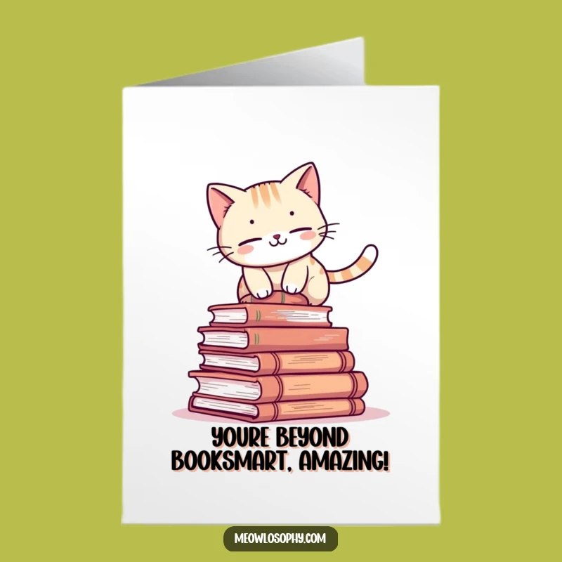 Free Printable Book Cat Congrats Card: Balanced Success Kitty Downloadable