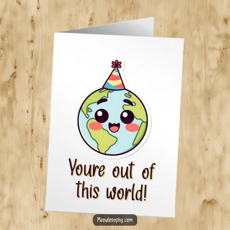 Funny Free Printable Congratulations Card: Stylized Earth wearing a party hat, looking blissfully surprised and ready to cheer.