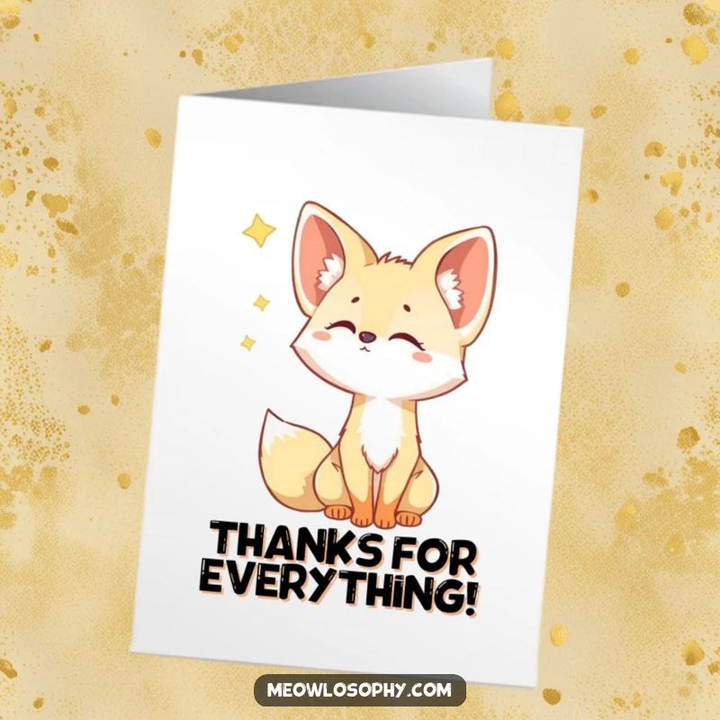 Funny Free Printable Fennec Fox Thank You Card: Adorable fox watching a falling star with curiosity. Whimsical downloadable art.
