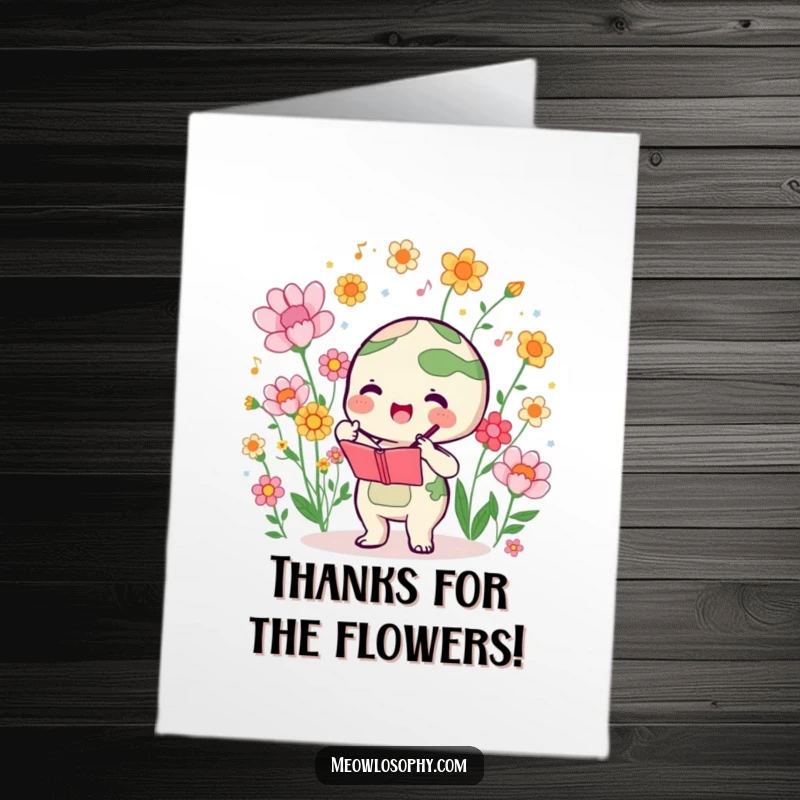 Funny Free Printable Thank You Card: Cute Earth character enthusiastically conducting a symphony of blooming flowers, giving thanks.