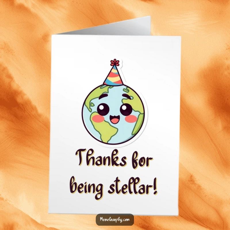 Funny Free Printable Thank You Card: Stylized Earth in a party hat, expressing happy surprise and gratitude.