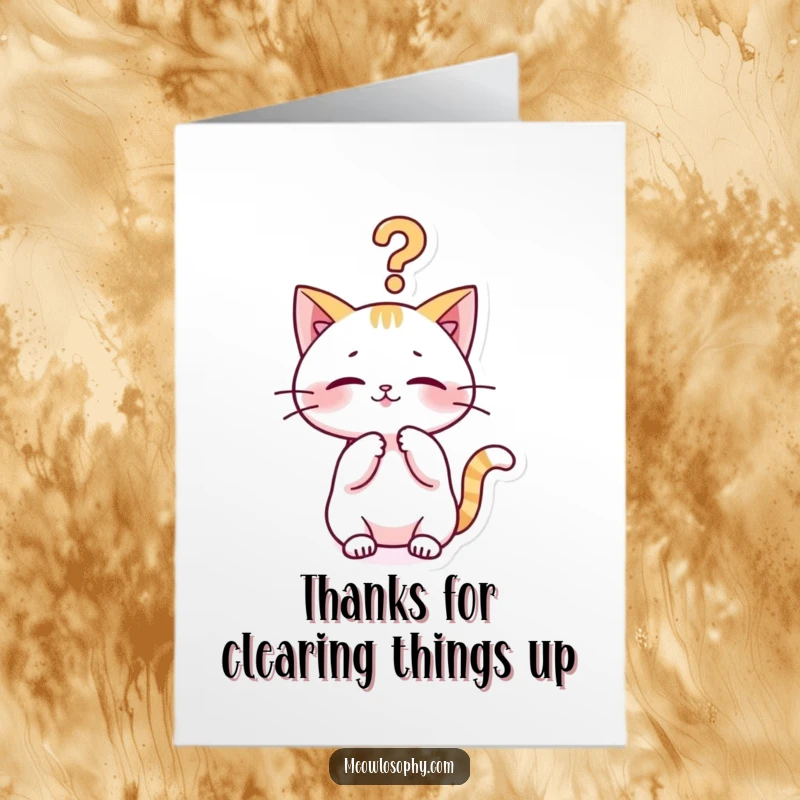 Funny Free Printable Kawaii Cat Thank You Card: A cute cat contemplates a philosophical question mark, sending thanks playfully.