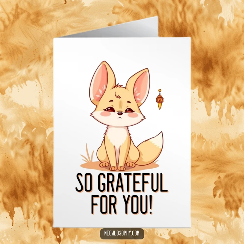 Funny Free Printable Kawaii Fennec Fox Thank You Card: A cute fox with twitching ears listens to a wind chime, conveying thanks.