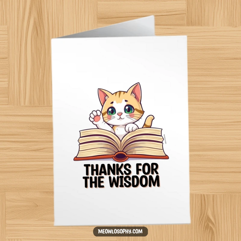 Funny Free Printable Thank You Card: Curious cat peeking through a book, paw raised, offers a thoughtful thank you.