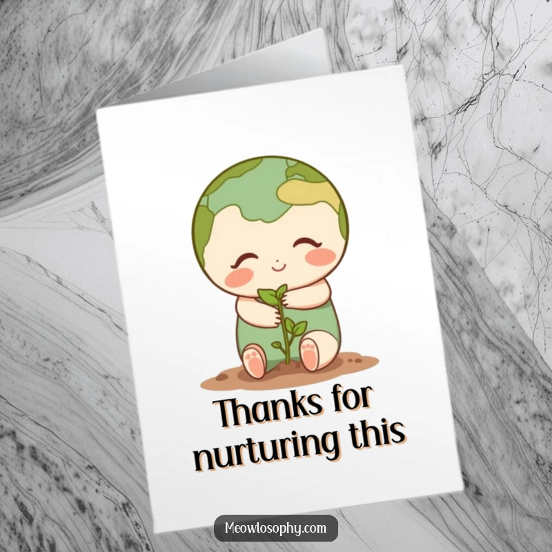 Funny Free Printable Thank You Card: A cute earth character embraces a small seedling in a gentle hug. Warm and appreciative.
