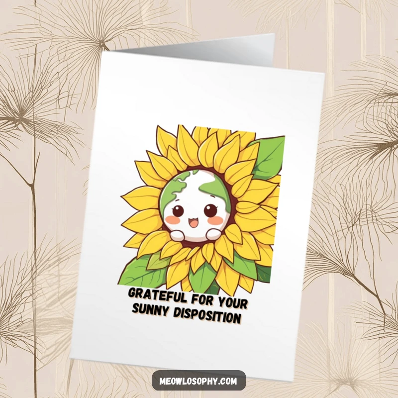 Funny Free Printable Thank You Card: A cute earth character peeks from a smiling sunflower, expressing thanks. Whimsical and heartfelt.