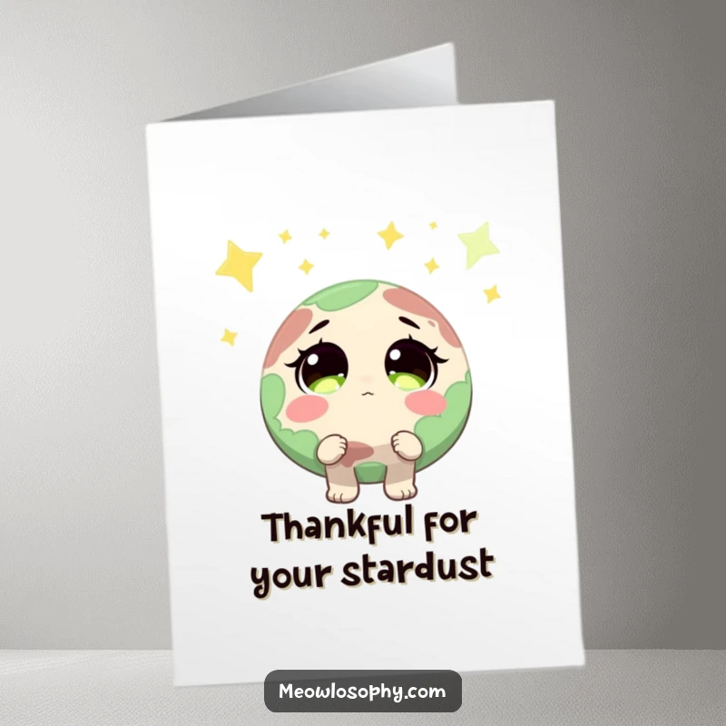 Funny Free Printable Thank You Card: A sweet earth character with wide eyes looks up at shooting stars in thanks. Whimsical and grateful.
