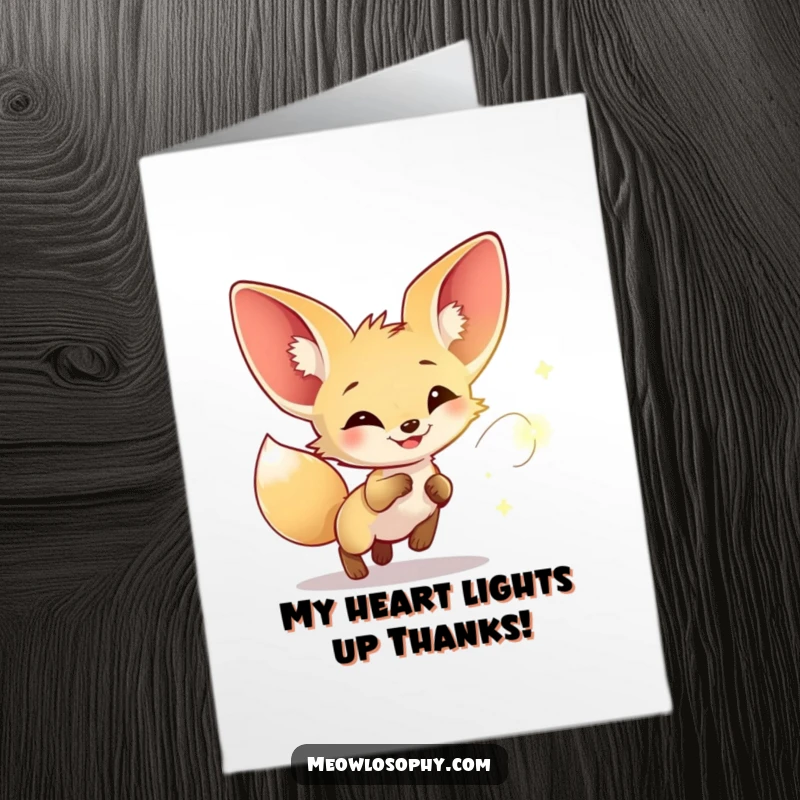 Funny Free Printable Thank You Card: Enchanted Fennec fox with enormous ears chasing a magical firefly.