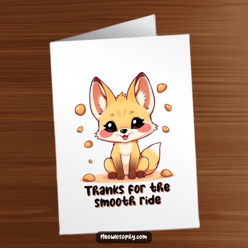 Funny Free Printable Thank You Card: Cheeky Fennec fox with a grin juggles small desert pebbles.