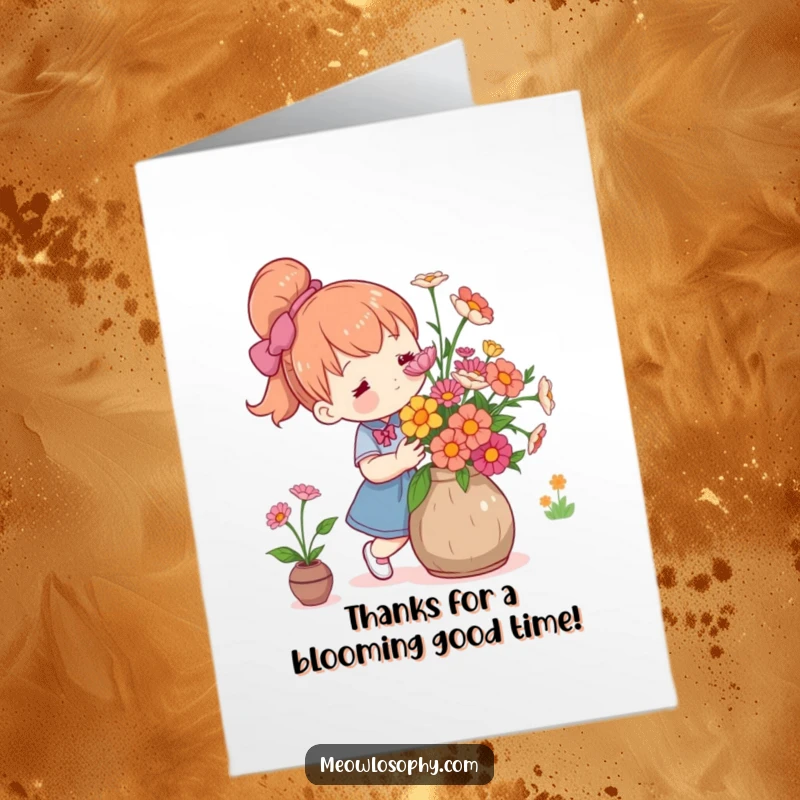 Funny Free Printable Thank You Card: Smiling character arranging fresh flowers in a rustic vase, conveying sincere thanks.