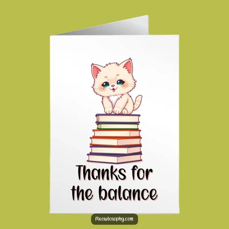 Free Printable Thank You Card: Fluffy Kitten, Book Balance, Downloadable DIY Gift