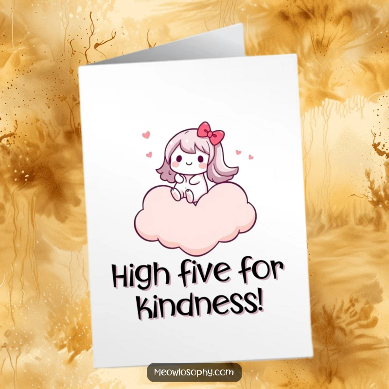 Funny Free Printable Thank You Card: a happy kawaii character riding a heart-shaped cloud, conveying heartfelt thanks.
