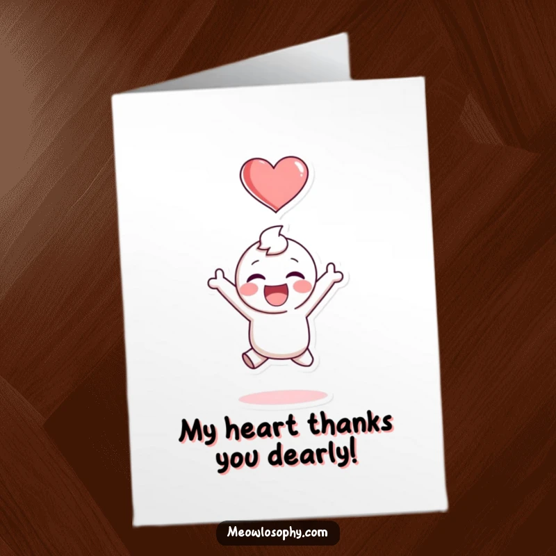 Funny Free Printable Thank You Card: Character jumping with excitement, a heart floating above, perfectly showing thanks.