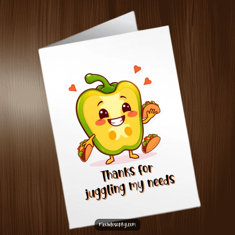 Funny Free Printable Thank You Card featuring a smiling bell pepper slice expertly juggling small tacos.