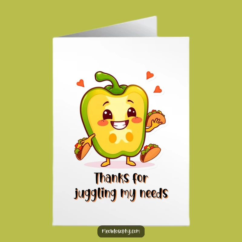 Free Printable Thank You Card: Pepper Juggling Tacos, Quirky Downloadable Gift