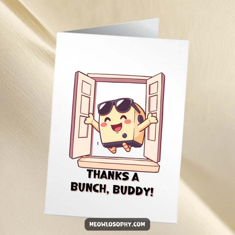 Funny Free Printable Thank You Card: A smiling toaster sporting sunglasses dramatically jumps out of a window, conveying thanks with flair.