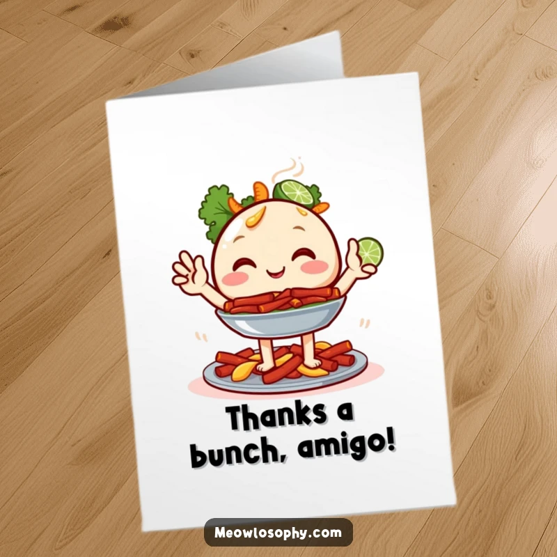 Funny Free Printable Thank You Card: Joyful fajita platter character with lime wedges expressing thanks with a spicy, cheerful vibe.