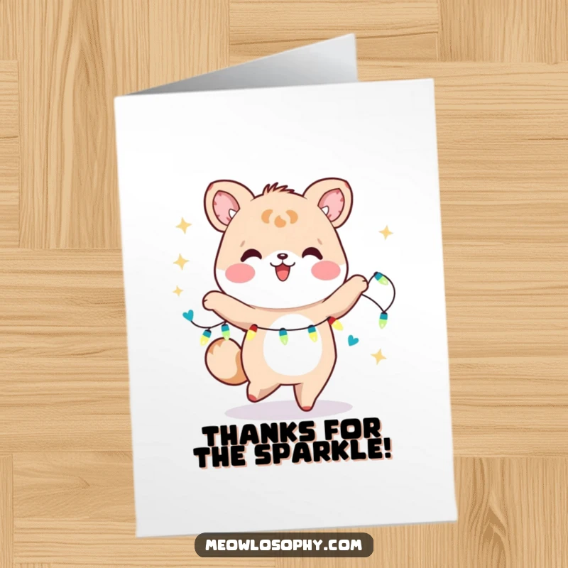 Funny free printable thank you card of a kawaii animal dancing joyfully with a magical string of fairy lights.