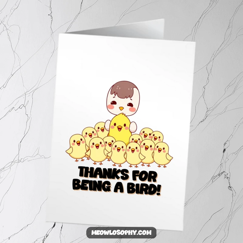 Cute Free Printable Thank You Card: Kawaii character offering food to happy, plump birds, a sweet downloadable thank you.