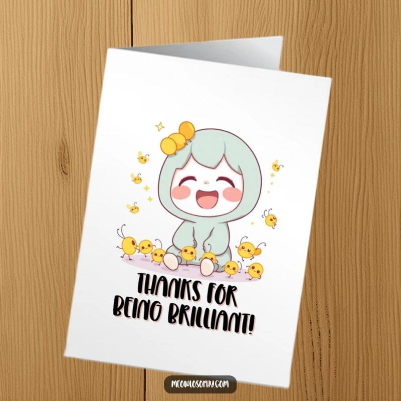 Sweet Free Printable Thank You Card: Character and tiny dancing fireflies sharing a moment of pure, contagious laughter.