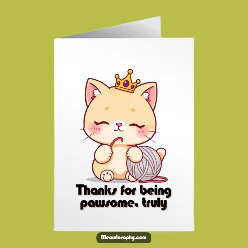 Free Printable Royal Cat Thank You Card: Crowned Kitty Yarn Appreciation Downloadable