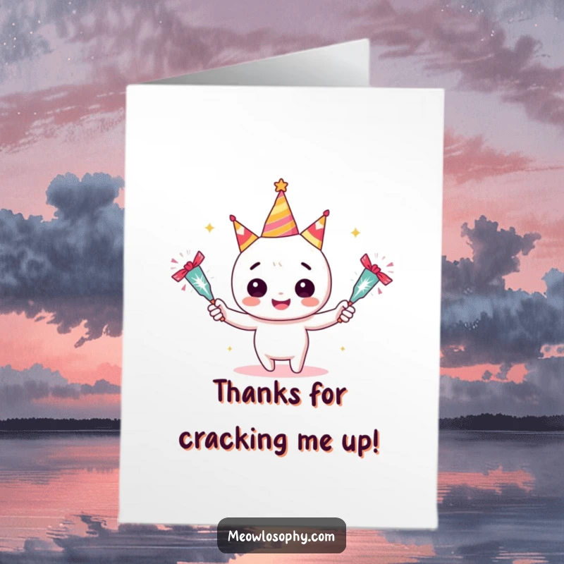 Funny free printable thank you card featuring an adorable character juggling sparkling party crackers with a cheerful grin.