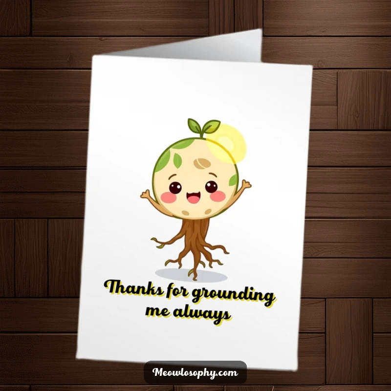 Funny Free Printable Thank You Card: A cute Earth character with wiggling roots, dancing happily in a bright sunbeam. Sweet downloadable art.