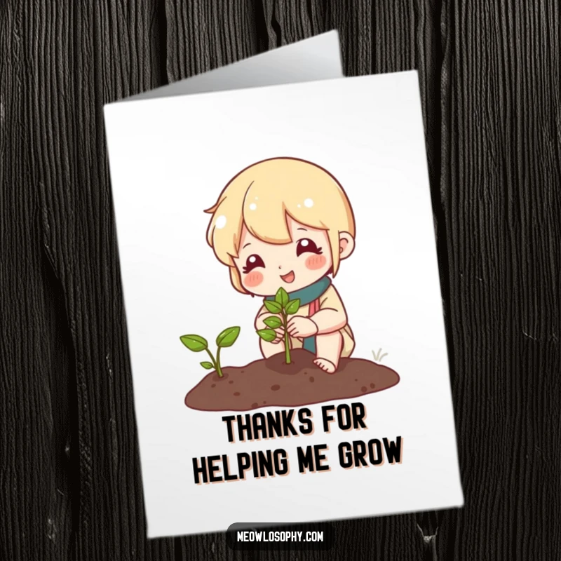 Free Printable Thank You Card: Cute character tending a garden, smiling at a sprouting seed, conveying thanks.