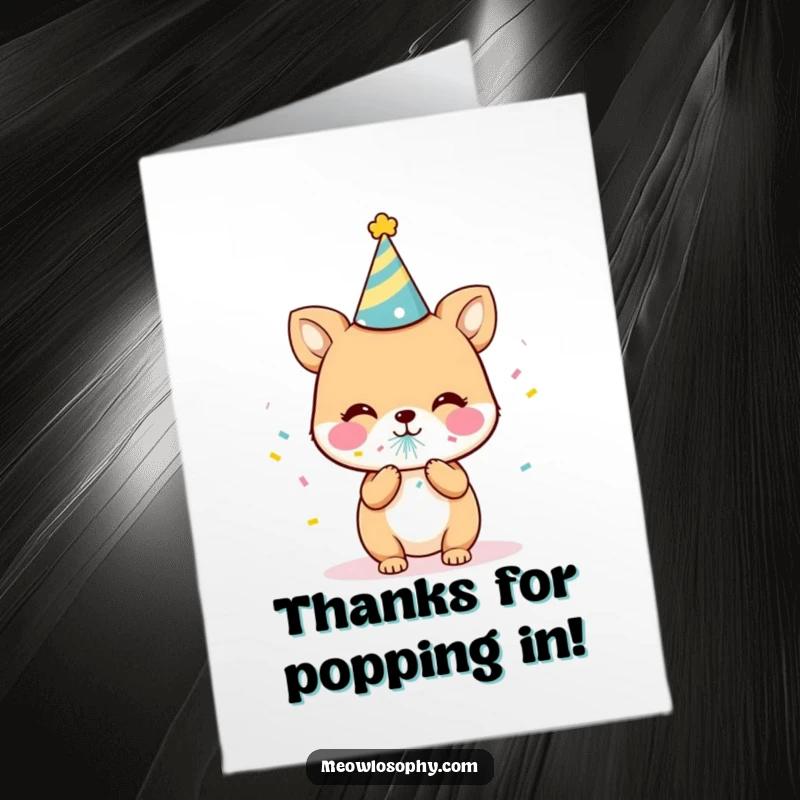 Funny free printable thank you card with a cute animal in a party hat, celebrating with a confetti popper.