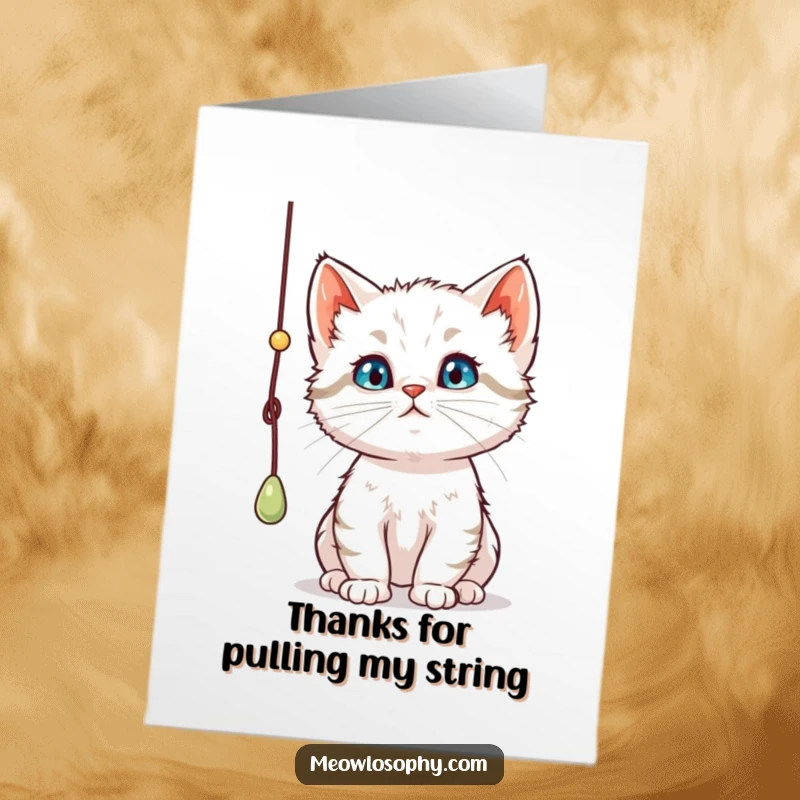 Funny Free Printable Thank You Card: A curious kitten bats at a string, its face a mask of intense, adorable concentration, perfect for thanks.