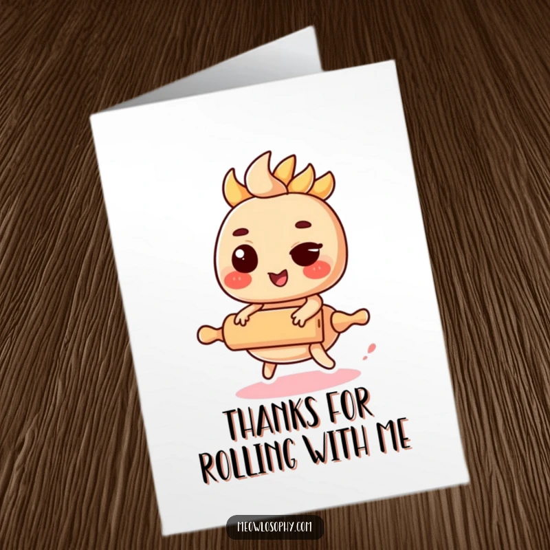 Funny Free Printable Thank You Card featuring a kawaii fajita filling winking while riding a tiny rolling pin.