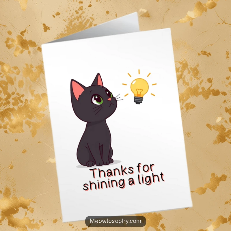 Funny Free Printable Thank You Card: A black cat looks up in awe at a lightbulb icon, a cute downloadable gift.