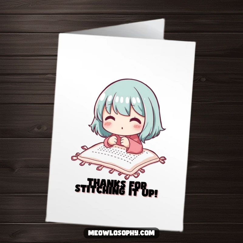 Funny Free Printable Thank You Card: Focused character stitching a small quilt, sending thanks with a smile.