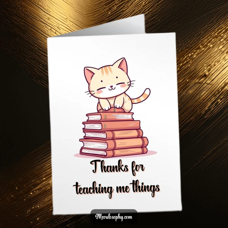 Funny Free Printable Book Cat Thank You Card: A studious cat balances on books, sharing thanks with charming wit.