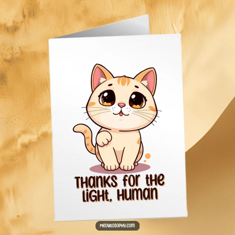 Funny Free Printable Laser Cat Thank You Card: A curious cat chases a laser pointer dot, sending thanks with excitement.