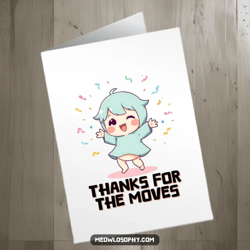 Funny Free Printable Thank You Card of a character doing a silly dance with flying streamers, downloadable.